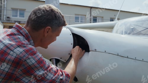 Preview: Private airplane inspection aviation engineer close up. Pilot checking aircraft.