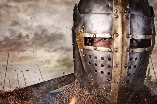 Preview: Close up portrait of a man in knight helmet.