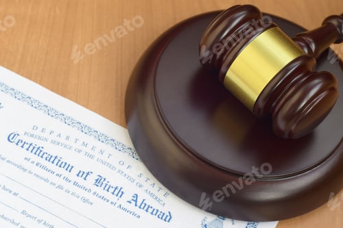 Preview: Justice mallet and United States Certificate of Birth Abroad close up