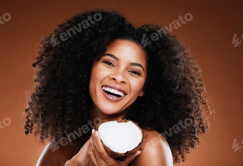 Preview: Black woman, coconut and beauty cosmetics makeup or natural skincare wellness. Luxury skin nutritio