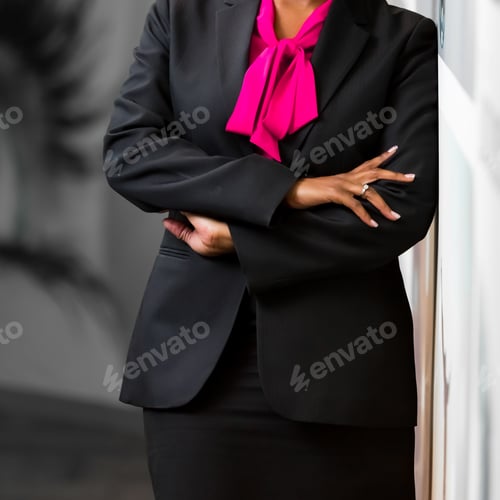 Preview: Businesswoman in Black Suit with Pink Scarf