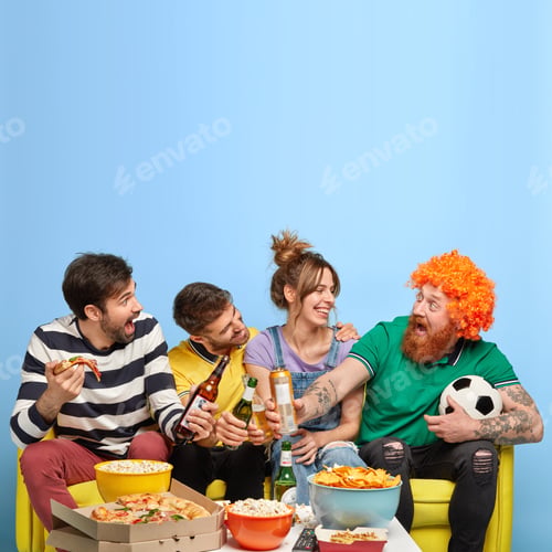 Preview: Big group of best friends clink beer bottles, watch football match, celebrate goal, eat pizza, chips