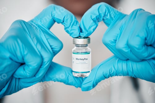 Preview: Monkeypox, virus and vaccine with healthcare and doctor with heart hand sign, health and safety wit