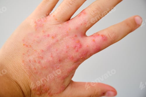 Visualização: Close up of a hand with eczema, atopic dermatitis.