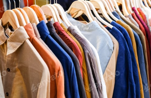 Preview: Fashionable clothes on a hanger. Colorful shirts.