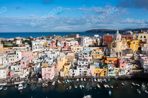 Preview: Aerial view of colourful fishermen's houses, on Procida Island, Bay of Naples, Italy.