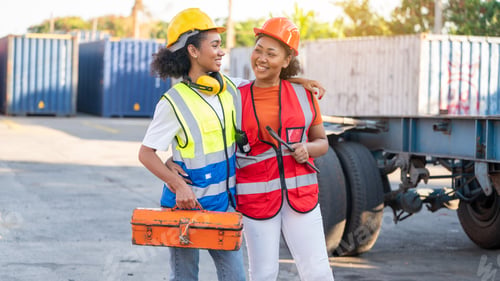 Preview: Woman Technician or maintenance worker hold mechanic tool box near old cargo container tank