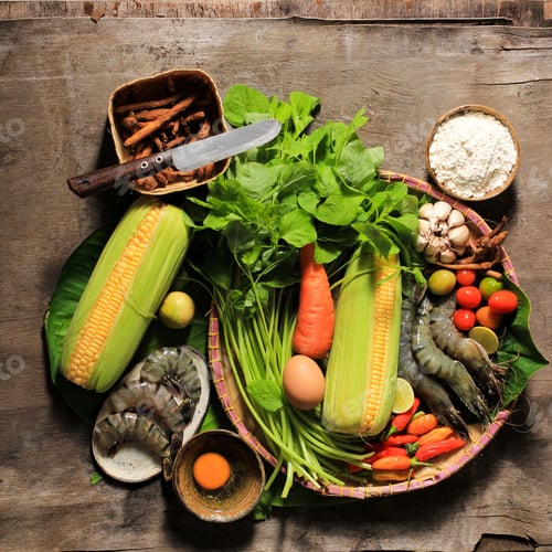 Preview: Flatlay Cooking Ingredients Preparation, Making Spinach Soup (Sayur Bayam) and Shrimp Tempura.