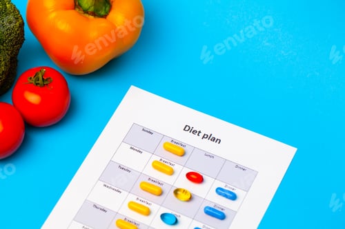 Preview: Diet plan, for weight loss pills and fresh vegetables on a blue background