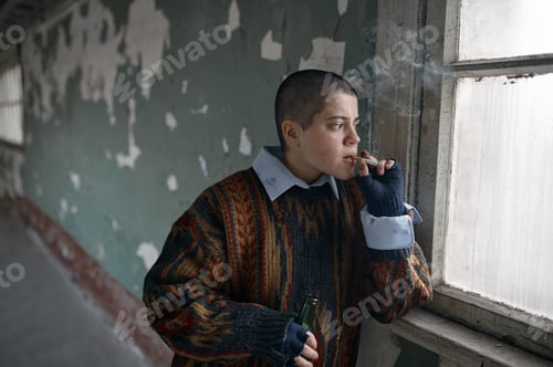 Preview: Punk female beggar suffering from nicotine and alcohol addiction