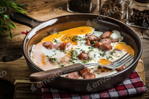 Preview: Tasty cooked egg with chopped sausages.
