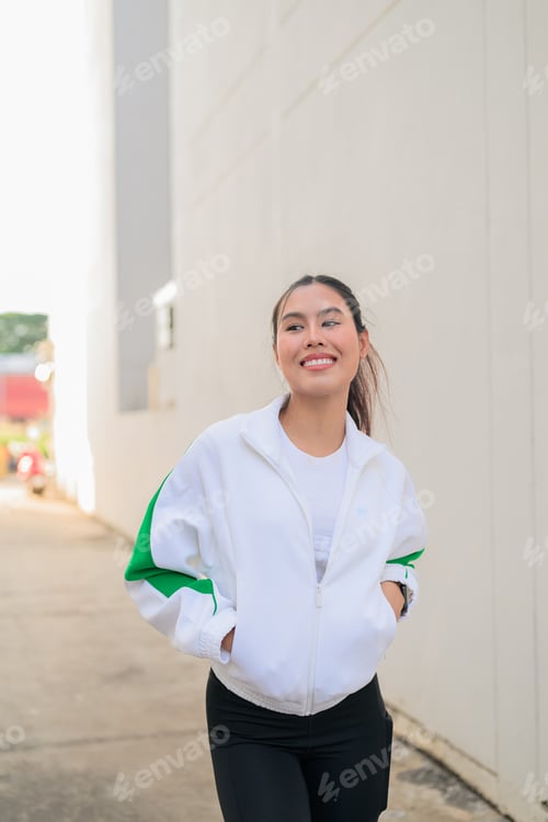 Preview: Young Asian Woman in Sporty Casual Outfit Outdoors