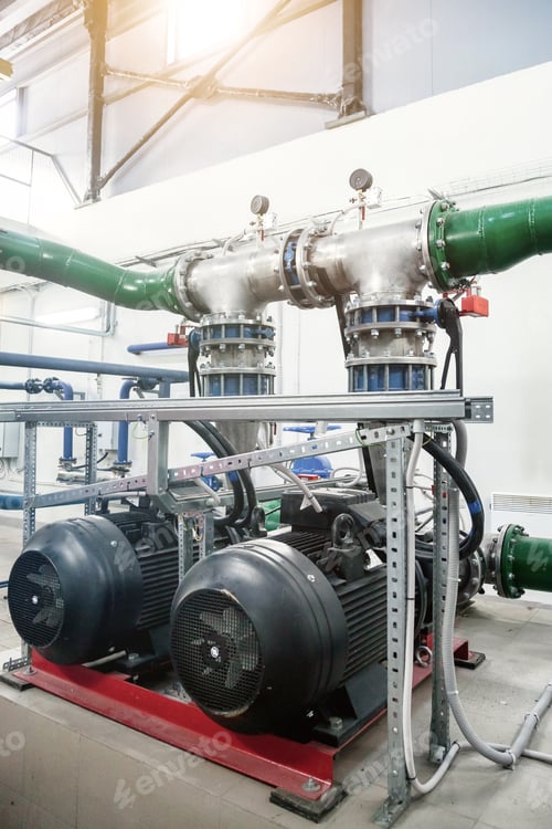 Preview: Urban modern powerful pipelines. Industrial pumps in an engine room. Industry interior of water pump