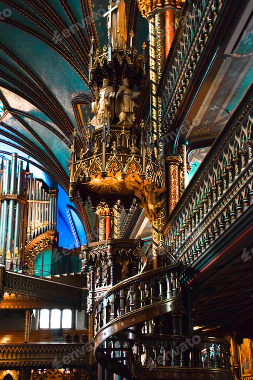 Preview: Details of beautiful spiral staircase inside Notre-Dame Basilica of Montréal in August 2015