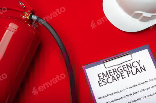 Preview: Emergency escape plan and fire safety equipment on a bright red background
