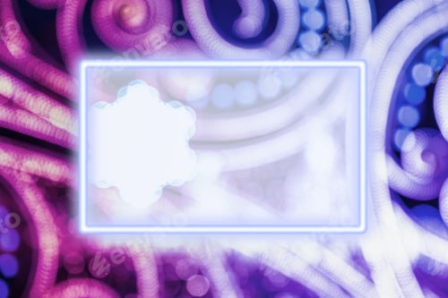 Vista previa: Marco de neón y guirnalda navideña abstracta borrosa con luz LED azul neón y rosa.