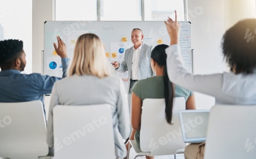 Preview: Business, speaker and presentation for workshop, conference and questions. Staff, leader or man in