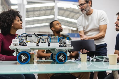Preview: Engineers collaborating on robotics project in modern factory
