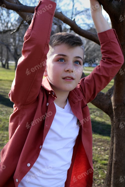 Preview: A blond-haired little boy against the background of trees