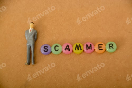 Preview: a businessman with a scammer's text, emphasizing the need for awareness business transactions online