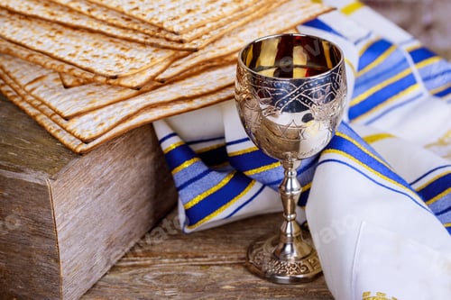 Preview: A Jewish Matzah bread with wine. Passover holiday concept