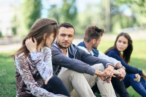 Preview: Young men and women talking and resting on lawn