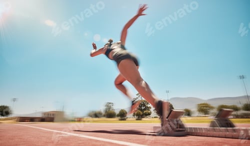 Preview: Speed, track start and woman running for marathon race workout, fitness or exercise for leg power