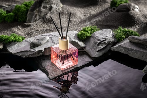 Preview: Unique fragrance diffuser on a lunar landscape with small pond.