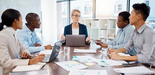 Preview: Manager meeting, employee planning and finance discussion with documents in office, conversation wi