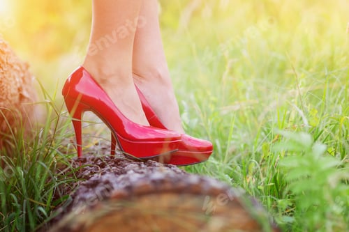 Preview: Red High Heels on Fallen Log in Grass