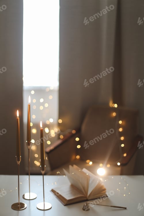 Preview: Still life details of home interior, concept of coziness and home atmosphere. beautiful golden