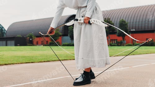 Preview: Sports , archer and bow for training, equipment and preparing for competition, hands and outdoor fo
