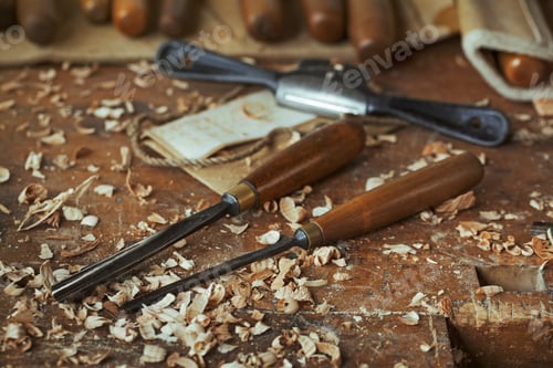Preview: Close up of wood carving hand tools, chisels and wood shavings on a bench in a carver's workshop.