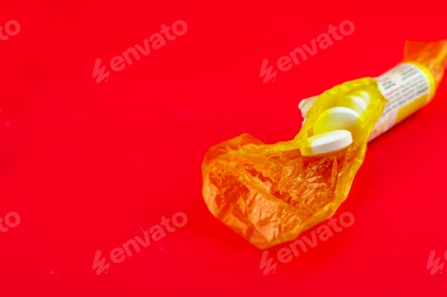 Preview: Closeup of the unwrapped package of pills isolated on a red background
