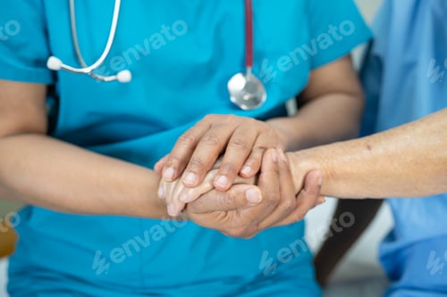Preview: Holding hands Asian senior woman patient with love, care, encourage and empathy