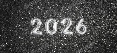 Visualização: Números prateados de 2026 em fundo preto cintilante, celebração de Ano Novo