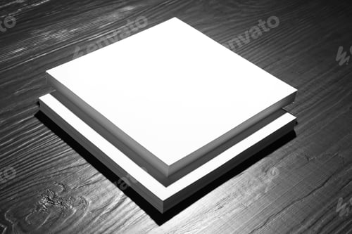 Preview: Stack of blank paper sheets for brochure on black wooden background. Mock up