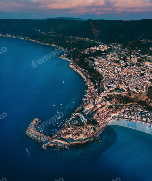 Preview: Aerial view of Scilla on the sea at night
