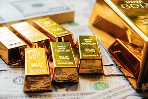 Preview: Gold bars on the background of dollar bills.