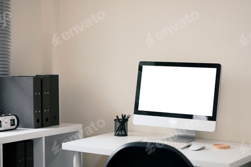 Preview: Home office workspace with desktop computer on white desk