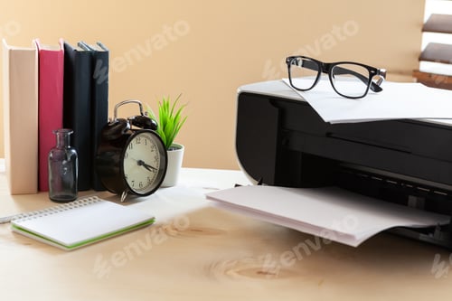 Preview: White scanner or printer machine on a table close up