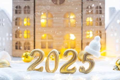 Preview: Golden figures number 2025 against the background of cozy windows of a house with warm light with fe