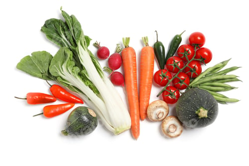 Preview: Many different fresh vegetables on white background, top view