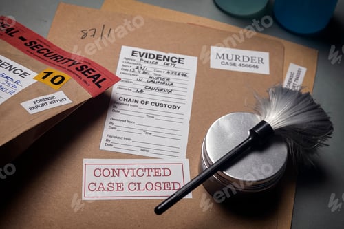 Preview: Files and evidence bag in a crime lab, conceptual image
