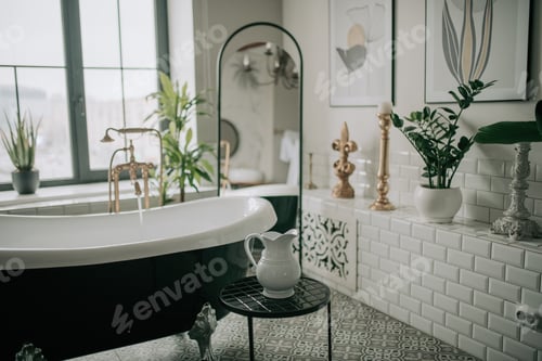 Preview: Luxury interior of eco style modern bathroom with oval bathtub and morning water ceramic pitcher