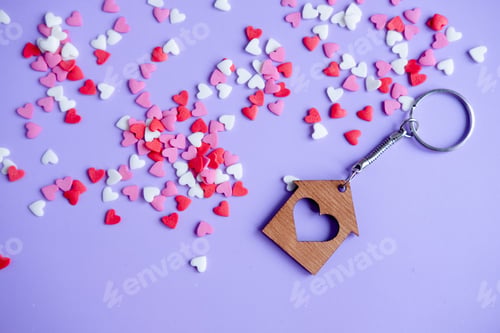 Preview: Valentine's day concept many small hearts and keychain on purple background
