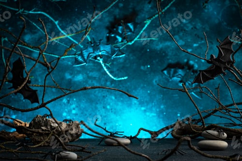 Preview: Halloween scary dark blue background with twisted branches, bats, stones and spiders, copy space