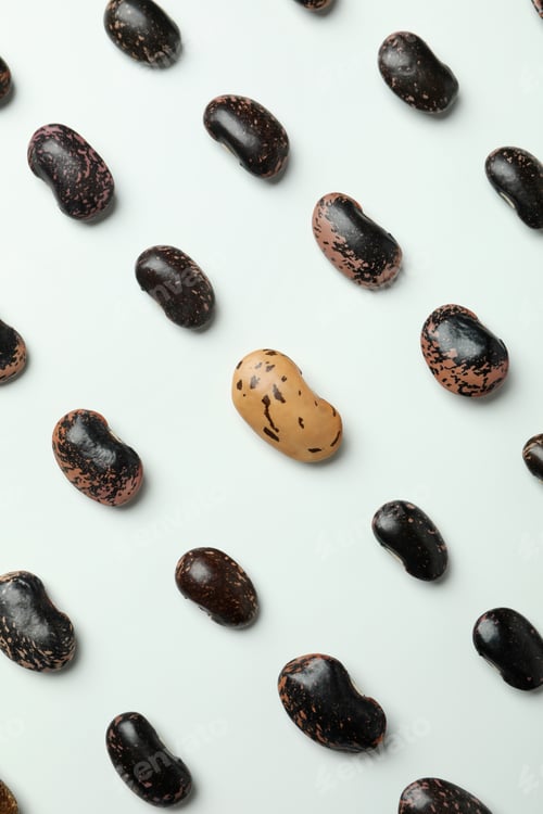 Preview: Flat lay composition with black beans on white background