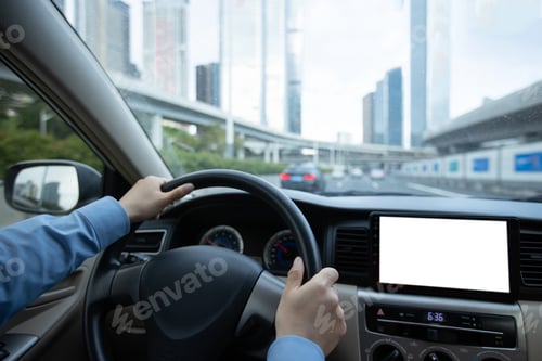 Preview: People hands holding steering wheel while driving car on modern city road