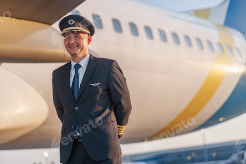 Preview: Portrait of smiling young male pilot in uniform and hat looking aside